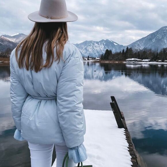 H&M Puffer Padded Belted Jacket Light Blue - Picture 1 of 7